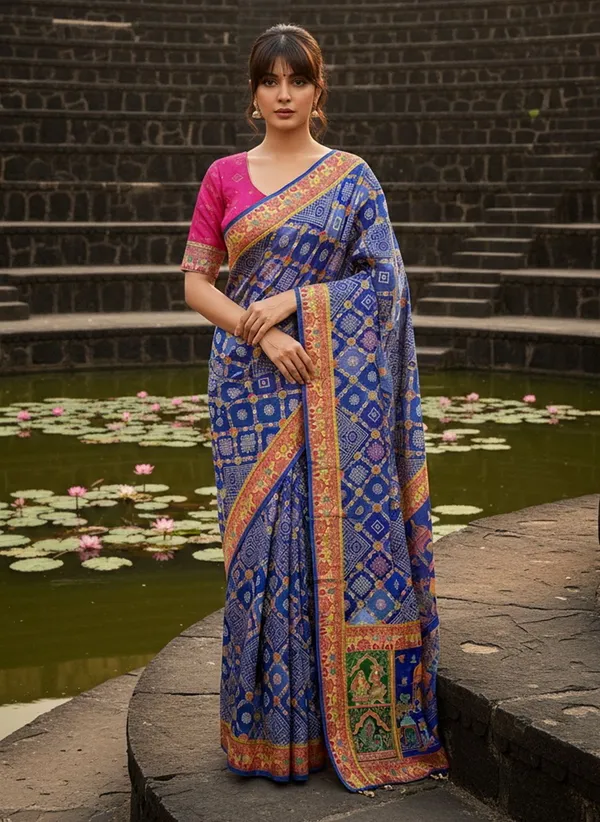 Blue_Pure_Silk_Bandhani_Jacquard_Woven_Saree_For_Women_|_With_Blouse_Piece