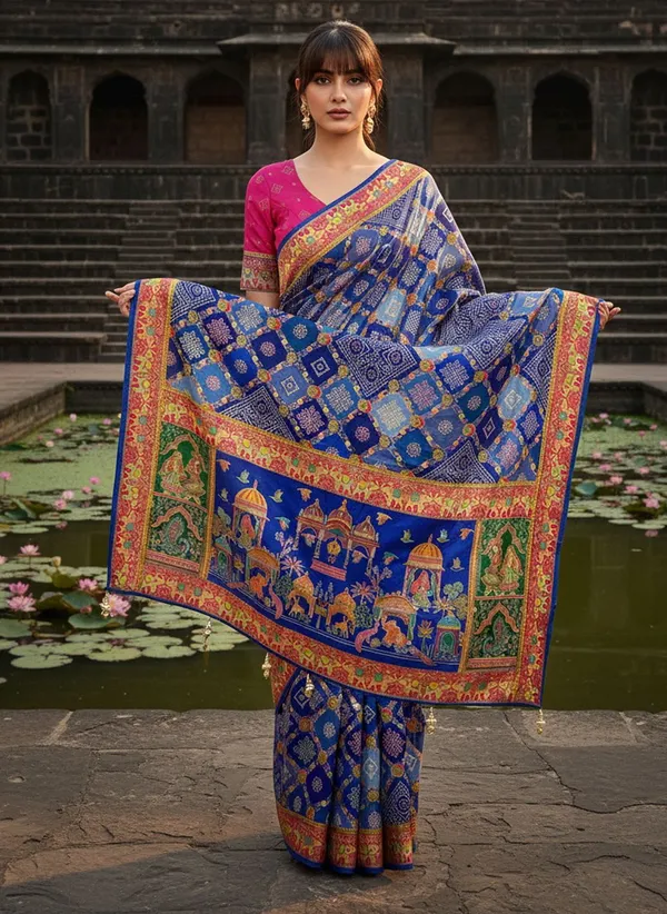 Blue_Pure_Silk_Bandhani_Jacquard_Woven_Saree_For_Women_|_With_Blouse_Piece