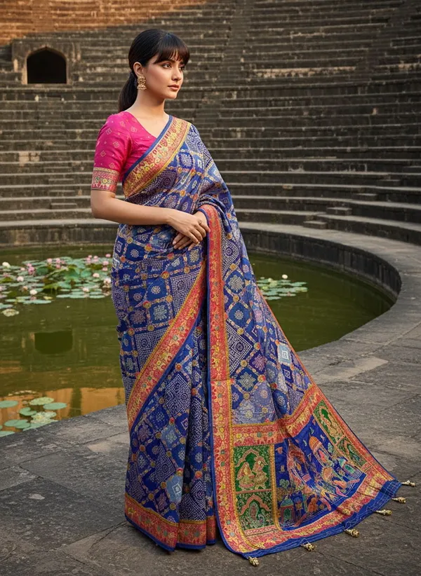 Blue_Pure_Silk_Bandhani_Jacquard_Woven_Saree_For_Women_|_With_Blouse_Piece