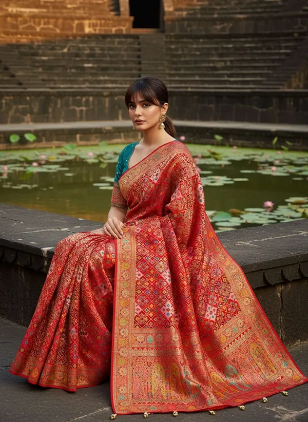 Sariya_Red_Patola_Silk_Jacquard_Zari_Woven_Saree_For_Women_|_With_Blouse_Piece