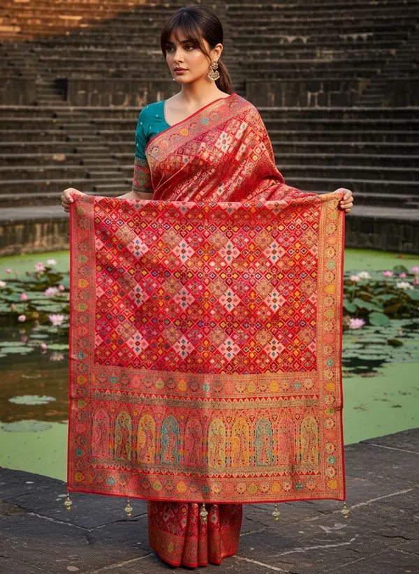 Sariya_Red_Patola_Silk_Jacquard_Zari_Woven_Saree_For_Women_|_With_Blouse_Piece