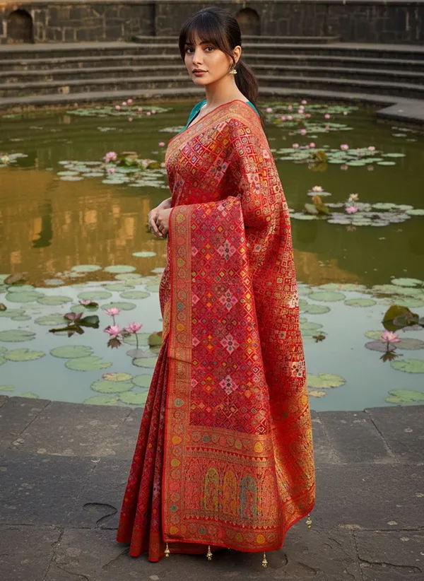 Sariya_Red_Patola_Silk_Jacquard_Zari_Woven_Saree_For_Women_|_With_Blouse_Piece