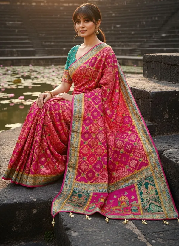 Pink_Georgette_Woven_Bandhani_Jacquard_Saree_For_Women_|_With_Blouse_Piece