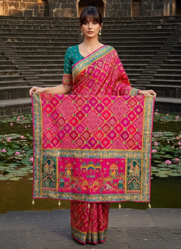Pink_Georgette_Woven_Bandhani_Jacquard_Saree_For_Women_|_With_Blouse_Piece