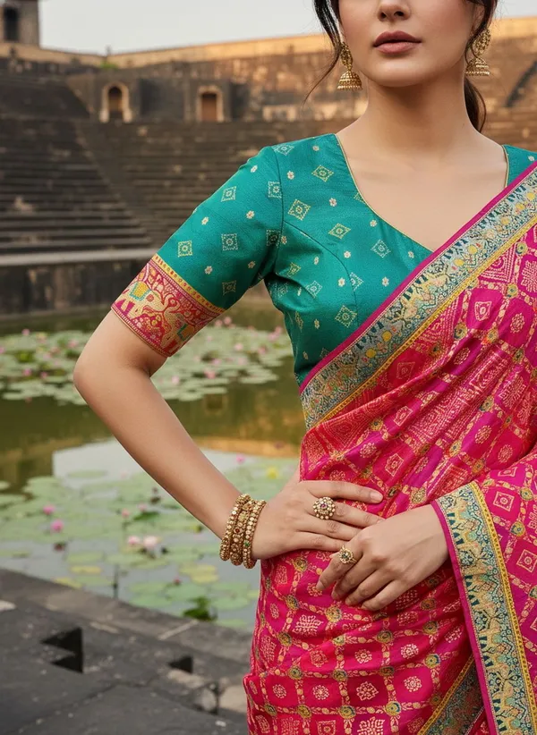 Pink_Georgette_Woven_Bandhani_Jacquard_Saree_For_Women_|_With_Blouse_Piece