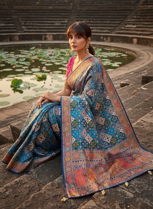 Blue_Patola_Silk_Jacquard_Woven_Printed_Saree_For_Women_|_With_Blouse_Piece