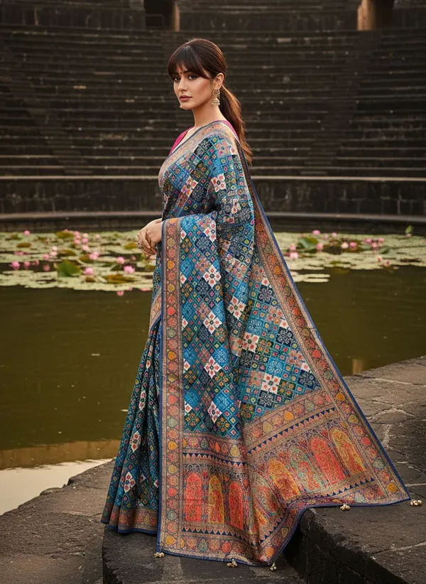 Blue_Patola_Silk_Jacquard_Woven_Printed_Saree_For_Women_|_With_Blouse_Piece