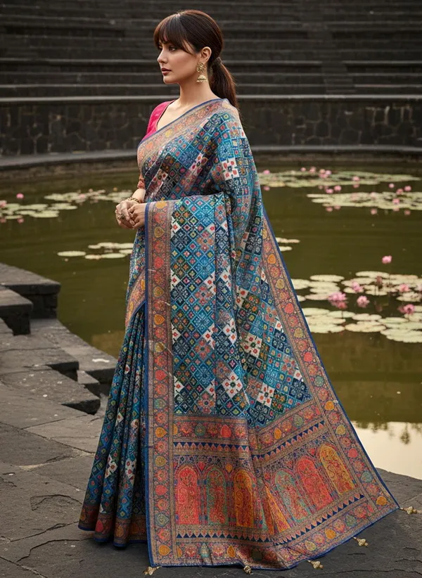 Blue_Patola_Silk_Jacquard_Woven_Printed_Saree_For_Women_|_With_Blouse_Piece