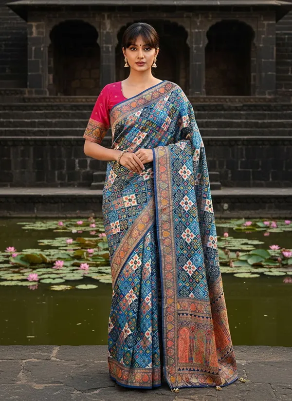 Blue_Patola_Silk_Jacquard_Woven_Printed_Saree_For_Women_|_With_Blouse_Piece