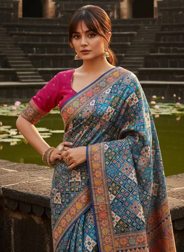 Blue_Patola_Silk_Jacquard_Woven_Printed_Saree_For_Women_|_With_Blouse_Piece