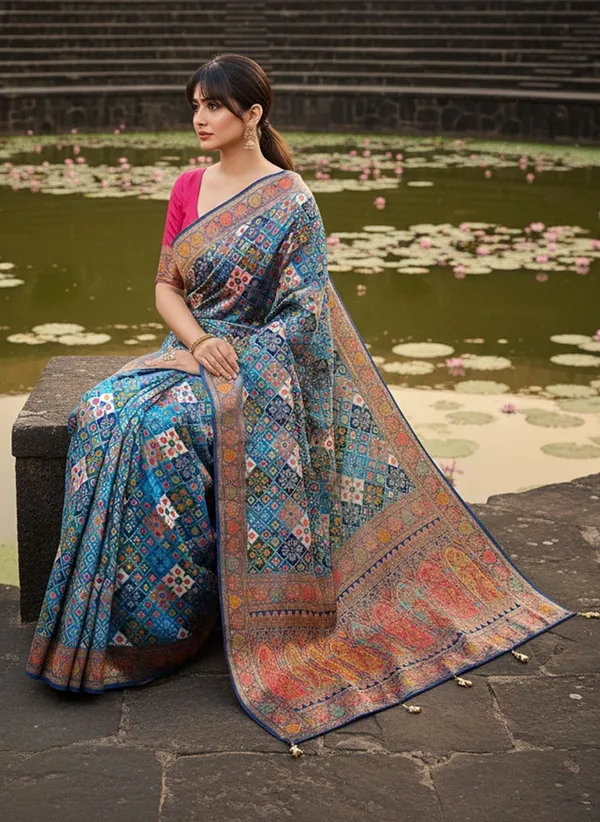 Blue_Patola_Silk_Jacquard_Woven_Printed_Saree_For_Women_|_With_Blouse_Piece