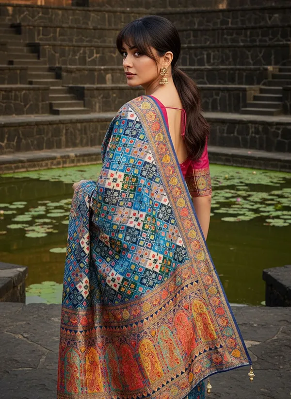 Blue_Patola_Silk_Jacquard_Woven_Printed_Saree_For_Women_|_With_Blouse_Piece