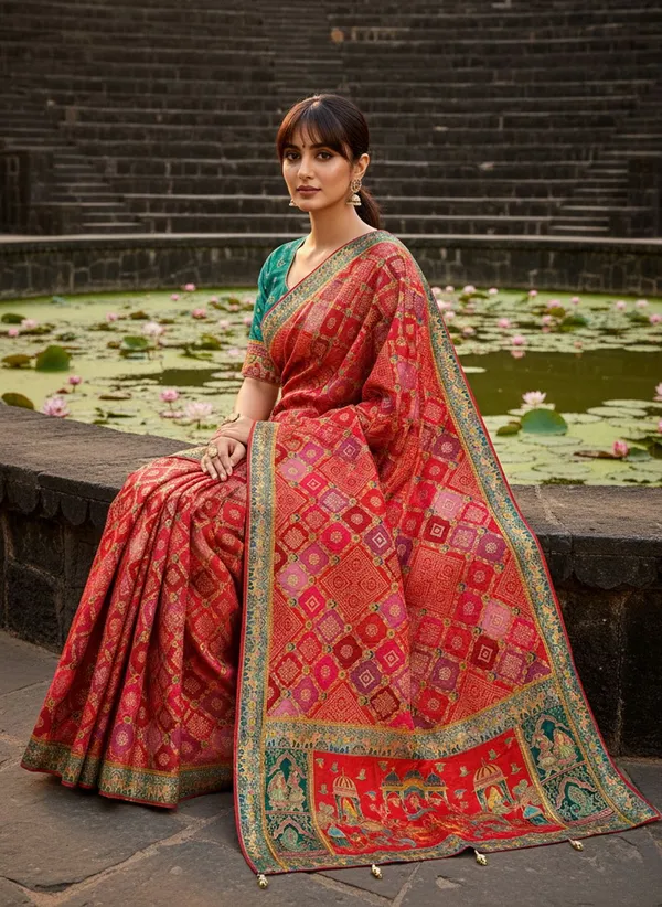 Red_Georgette_Bandhani_Printed_Jacquard_Saree_For_Women_|_With_Blouse_Piece