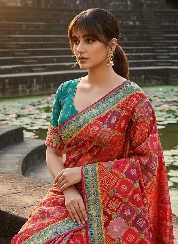 Red_Georgette_Bandhani_Printed_Jacquard_Saree_For_Women_|_With_Blouse_Piece