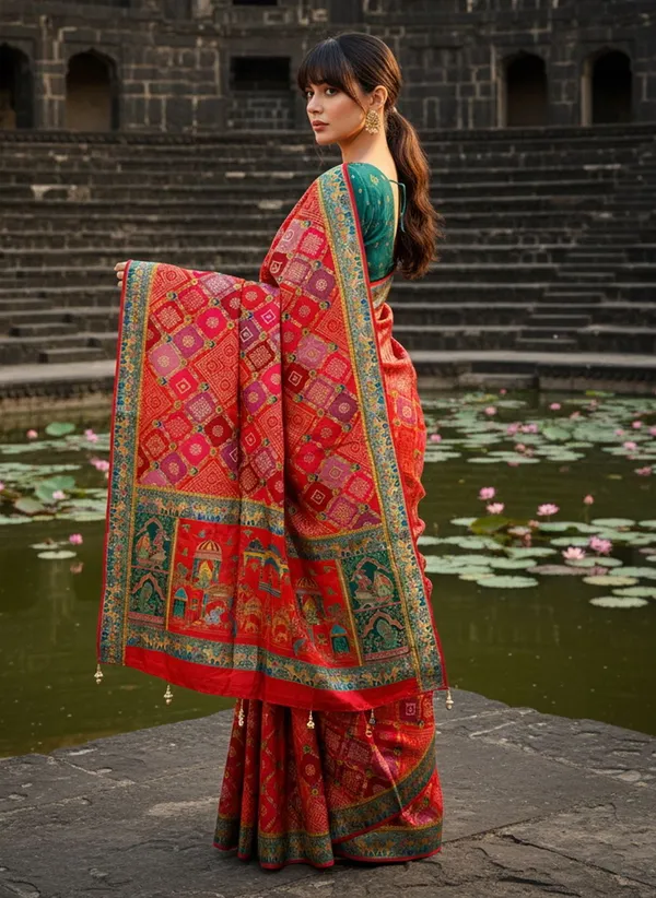 Red_Georgette_Bandhani_Printed_Jacquard_Saree_For_Women_|_With_Blouse_Piece