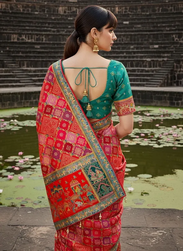 Red_Georgette_Bandhani_Printed_Jacquard_Saree_For_Women_|_With_Blouse_Piece