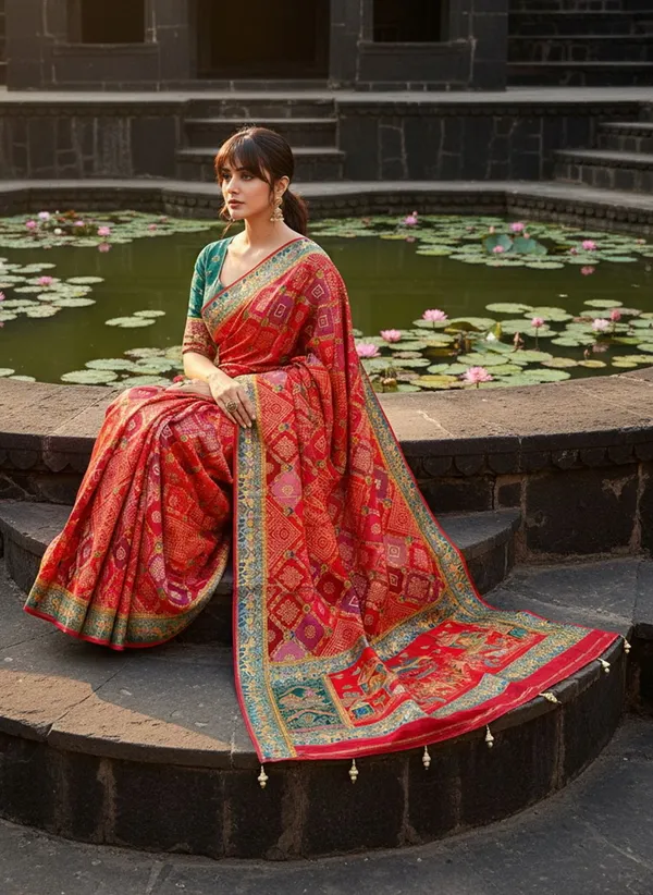 Red_Georgette_Bandhani_Printed_Jacquard_Saree_For_Women_|_With_Blouse_Piece