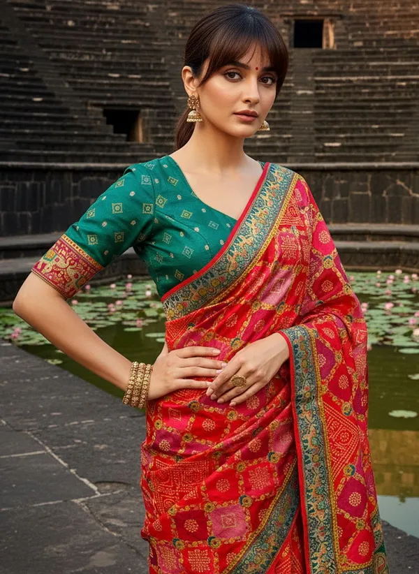 Red_Georgette_Bandhani_Printed_Jacquard_Saree_For_Women_|_With_Blouse_Piece