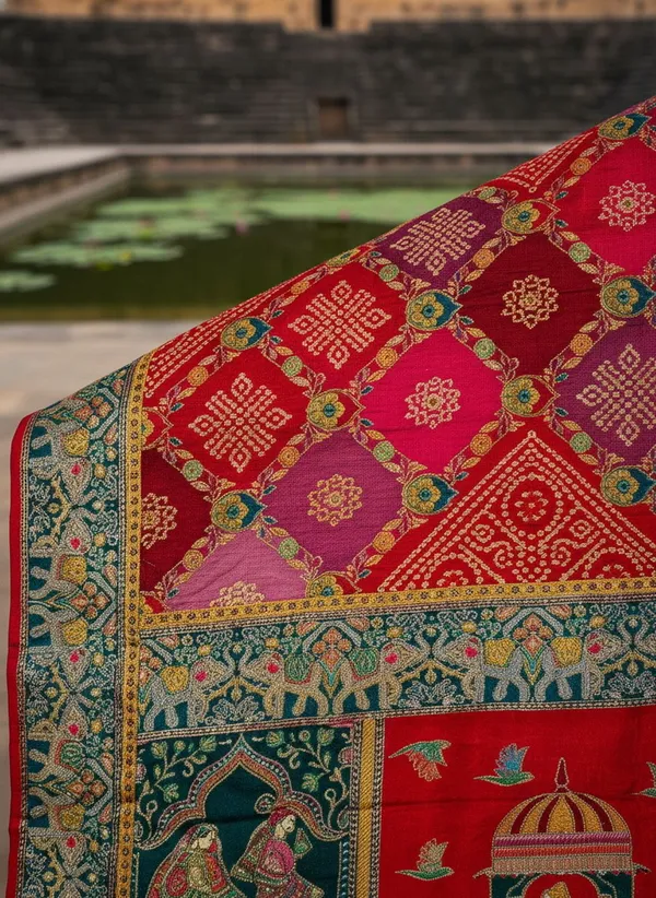 Red_Georgette_Bandhani_Printed_Jacquard_Saree_For_Women_|_With_Blouse_Piece