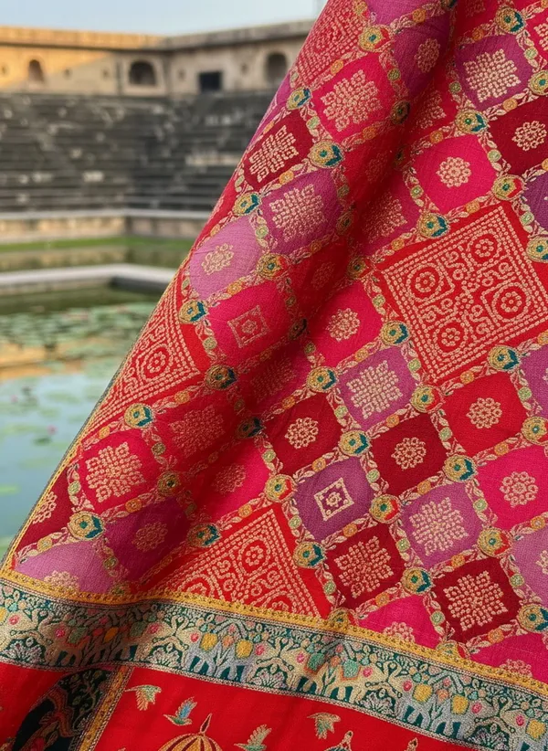 Red_Georgette_Bandhani_Printed_Jacquard_Saree_For_Women_|_With_Blouse_Piece