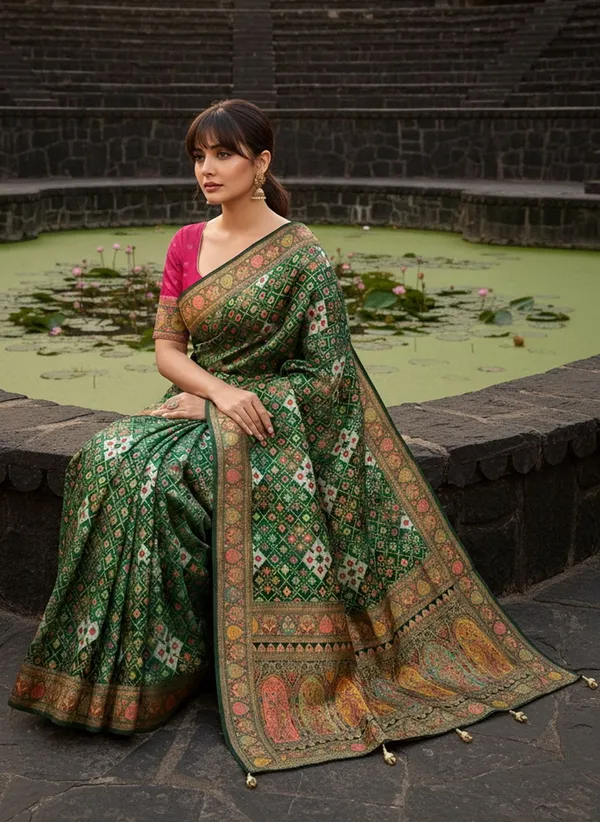 Green_Patola_Silk_Jacquard_Woven_Printed_Saree_For_Women_|_With_Blouse_Piece
