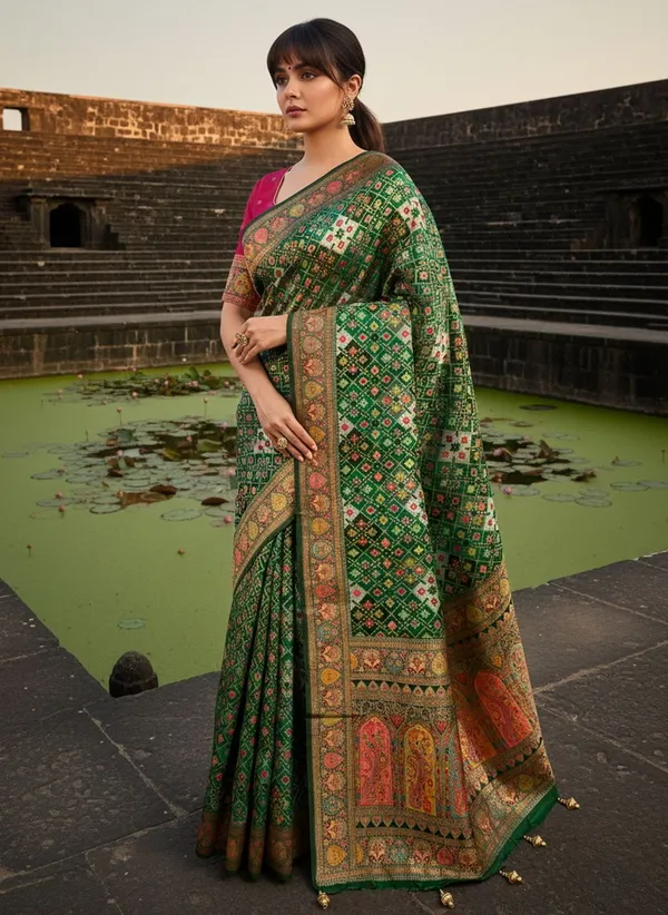 Green_Patola_Silk_Jacquard_Woven_Printed_Saree_For_Women_|_With_Blouse_Piece