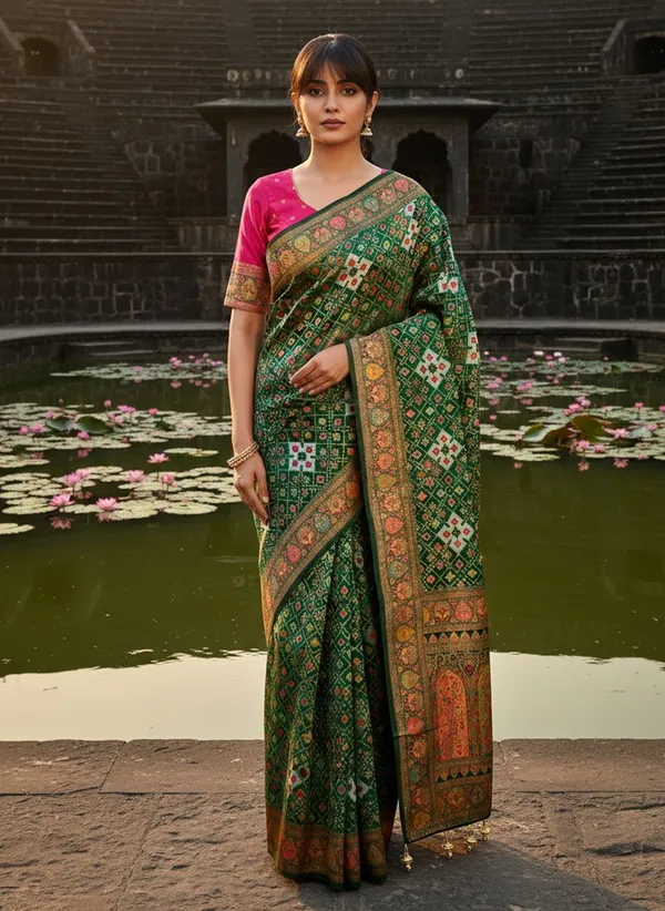 Green_Patola_Silk_Jacquard_Woven_Printed_Saree_For_Women_|_With_Blouse_Piece
