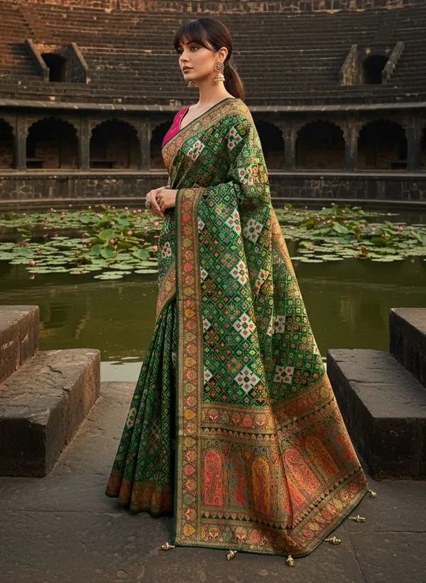 Green_Patola_Silk_Jacquard_Woven_Printed_Saree_For_Women_|_With_Blouse_Piece