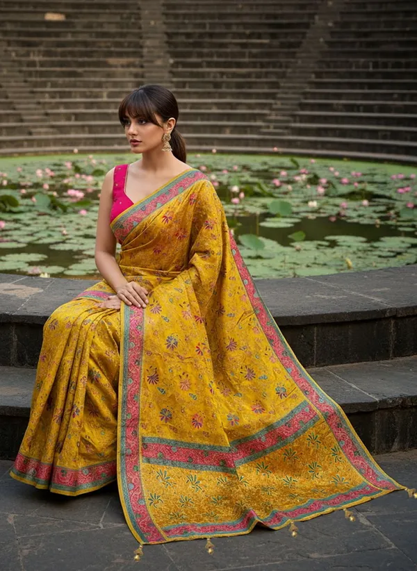 Mustard_Banarasi_Pure_Silk_Satin_Woven_Printed_Saree_For_Women_|_With_Blouse_Piece