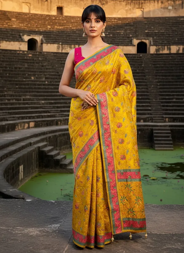 Mustard_Banarasi_Pure_Silk_Satin_Woven_Printed_Saree_For_Women_|_With_Blouse_Piece