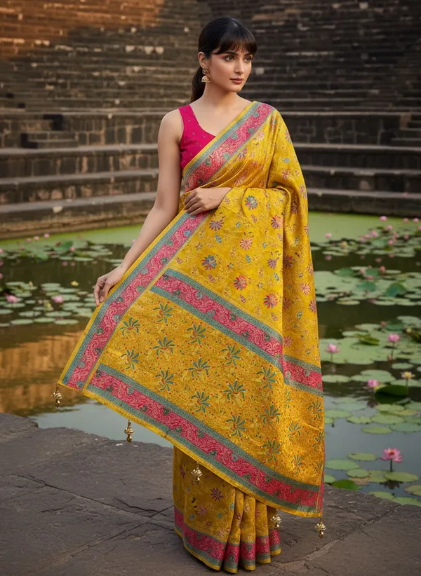 Mustard_Banarasi_Pure_Silk_Satin_Woven_Printed_Saree_For_Women_|_With_Blouse_Piece