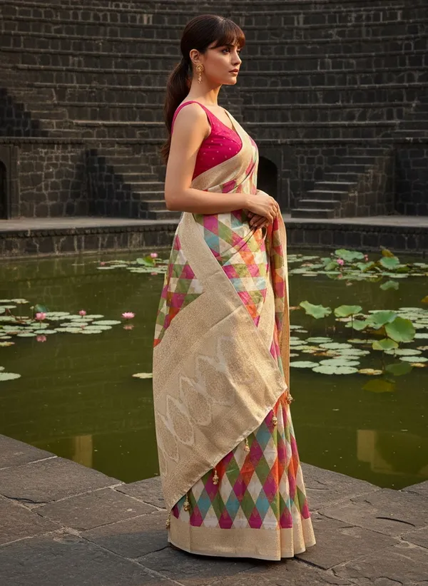 White_Banarasi_Pure_Silk_Satin_Jacquard_Woven_Saree_For_Women_|_With_Blouse_Piece