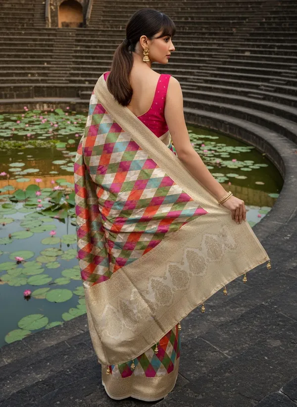 White_Banarasi_Pure_Silk_Satin_Jacquard_Woven_Saree_For_Women_|_With_Blouse_Piece