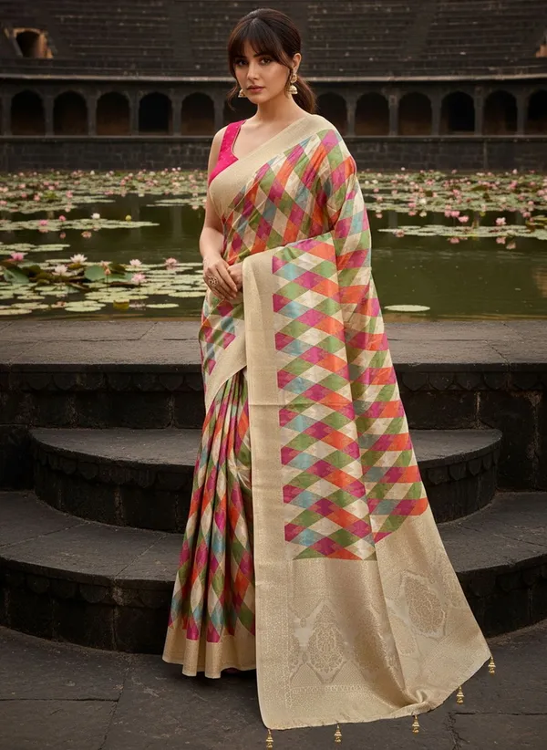 White_Banarasi_Pure_Silk_Satin_Jacquard_Woven_Saree_For_Women_|_With_Blouse_Piece