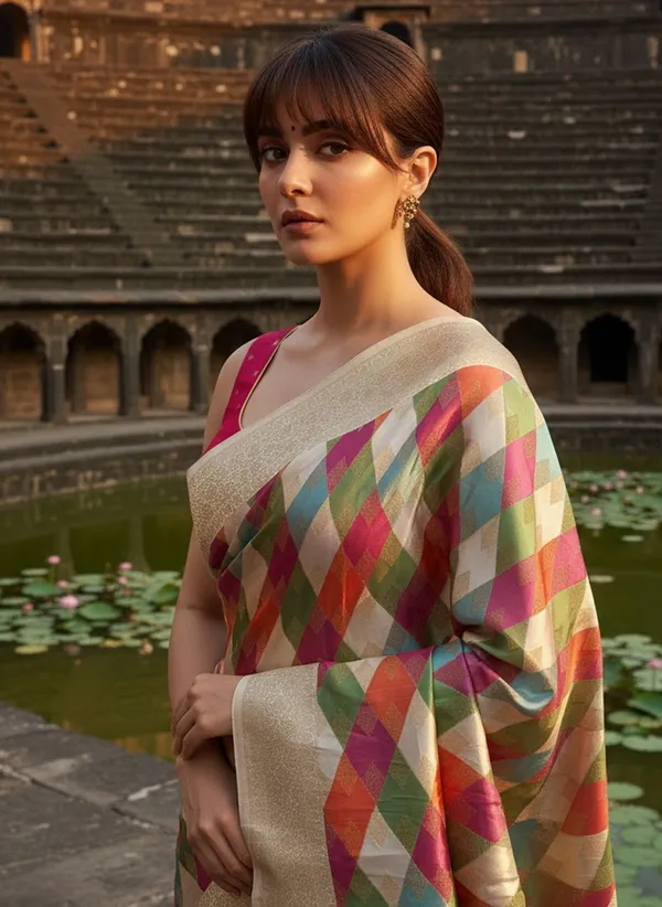 White_Banarasi_Pure_Silk_Satin_Jacquard_Woven_Saree_For_Women_|_With_Blouse_Piece