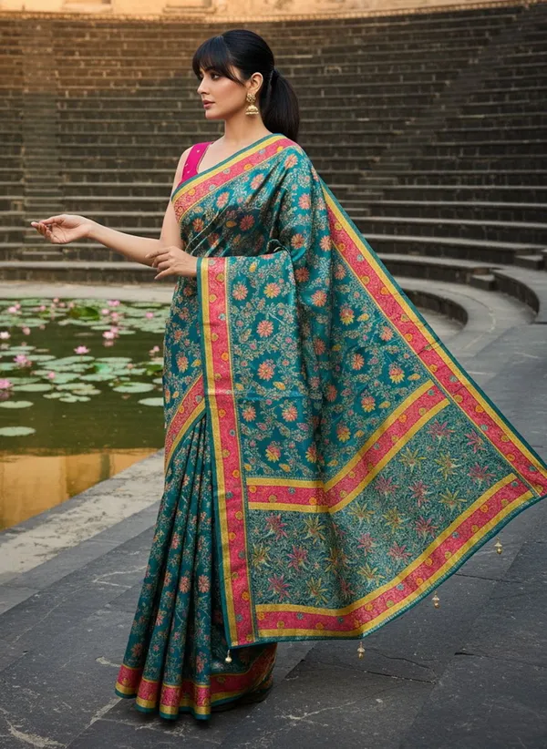 Teal_Banarasi_Pure_Silk_Jacquard_Zari_Woven_Saree_For_Women_|_With_Blouse_Piece