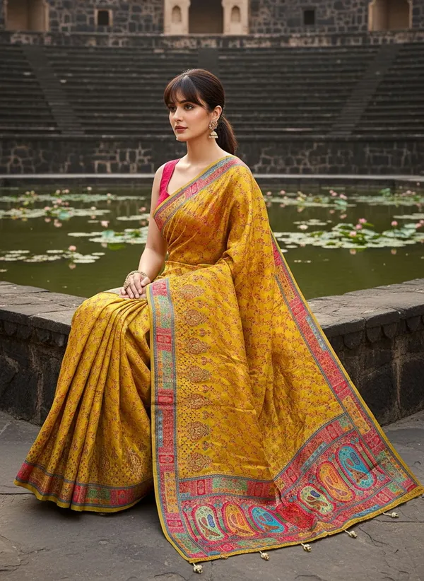 Mustard_Banarasi_Pure_Silk_Satin_Jacquard_Printed_Saree_For_Women_|_With_Blouse_Piece