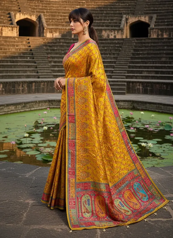 Mustard_Banarasi_Pure_Silk_Satin_Jacquard_Printed_Saree_For_Women_|_With_Blouse_Piece
