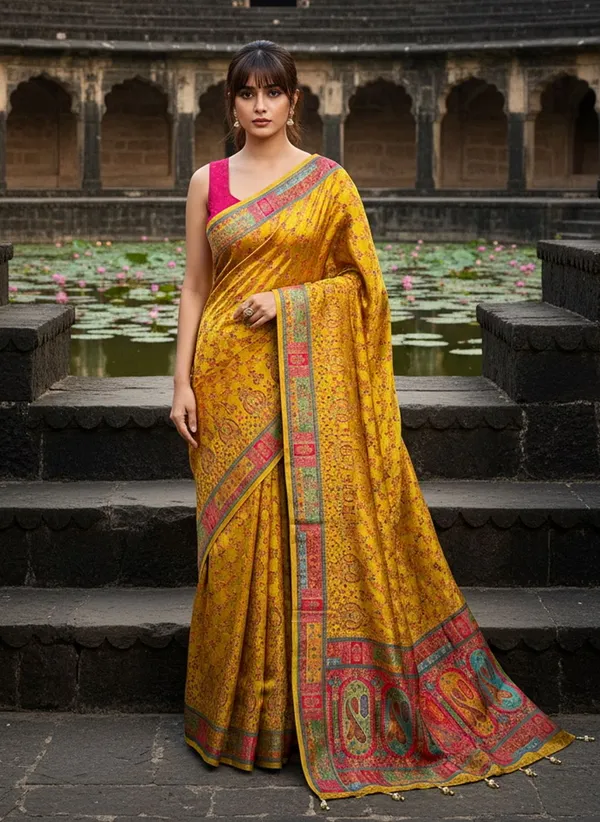 Mustard_Banarasi_Pure_Silk_Satin_Jacquard_Printed_Saree_For_Women_|_With_Blouse_Piece