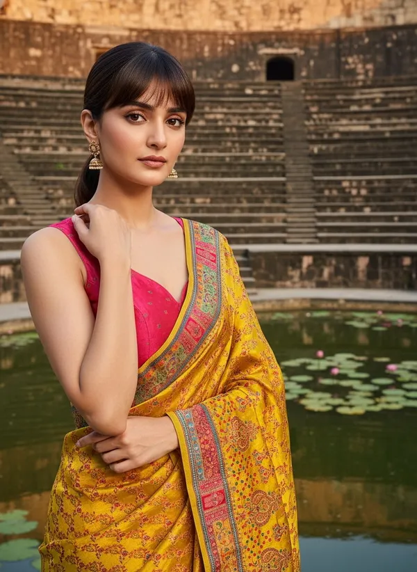 Mustard_Banarasi_Pure_Silk_Satin_Jacquard_Printed_Saree_For_Women_|_With_Blouse_Piece