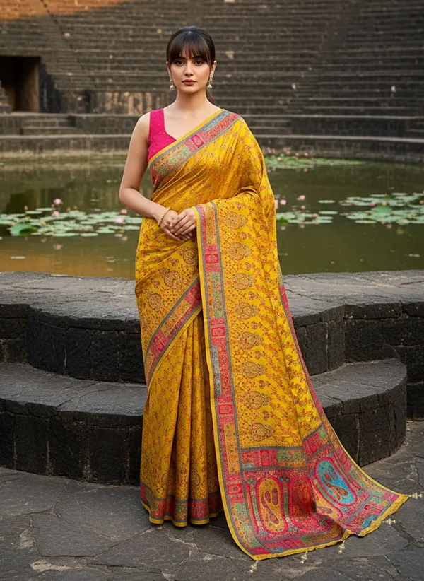 Mustard_Banarasi_Pure_Silk_Satin_Jacquard_Printed_Saree_For_Women_|_With_Blouse_Piece