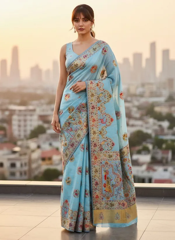 Light_Blue_Semi_Pashmina_Woven_Banarasi_Jacquard_Saree_For_Women_|_With_Blouse_Piece