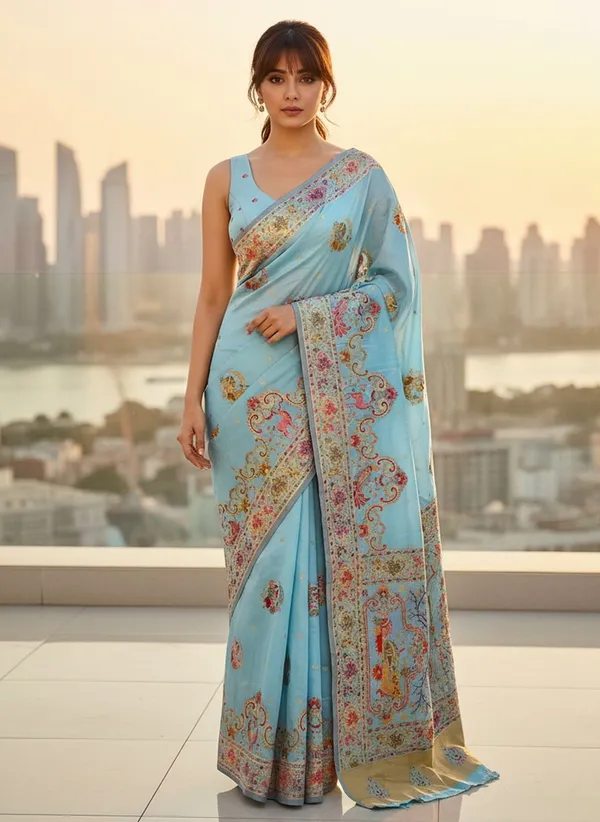 Light_Blue_Semi_Pashmina_Woven_Banarasi_Jacquard_Saree_For_Women_|_With_Blouse_Piece
