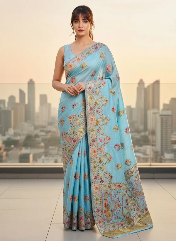 Light_Blue_Semi_Pashmina_Woven_Banarasi_Jacquard_Saree_For_Women_|_With_Blouse_Piece