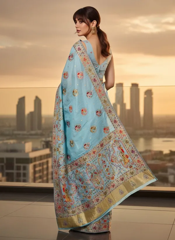 Light_Blue_Semi_Pashmina_Woven_Banarasi_Jacquard_Saree_For_Women_|_With_Blouse_Piece