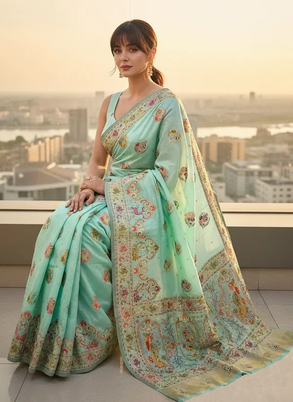 Light_Green_Semi_Pashmina_Jacquard_Woven_Banarasi_Saree_For_Women_|_With_Blouse_Piece