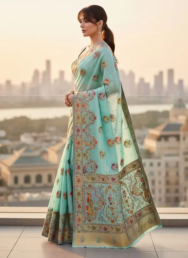 Light_Green_Semi_Pashmina_Jacquard_Woven_Banarasi_Saree_For_Women_|_With_Blouse_Piece