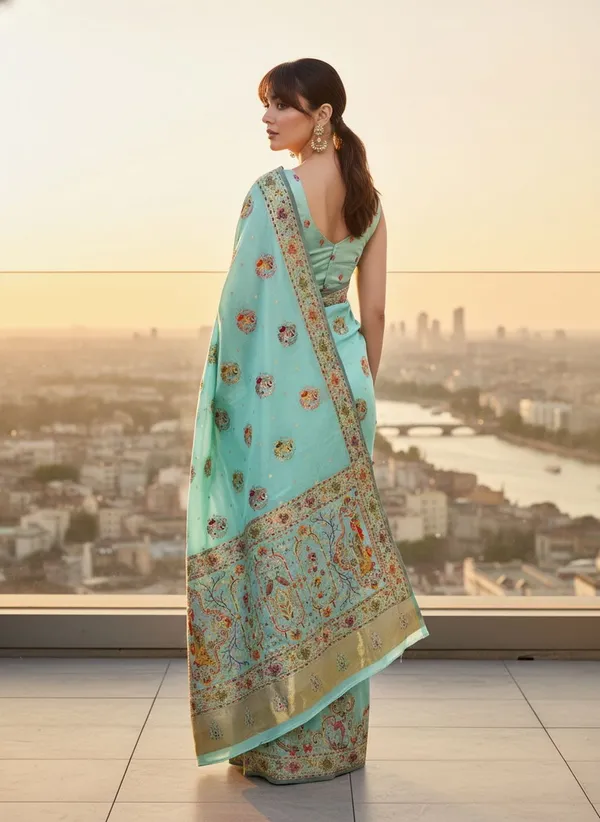 Light_Green_Semi_Pashmina_Jacquard_Woven_Banarasi_Saree_For_Women_|_With_Blouse_Piece