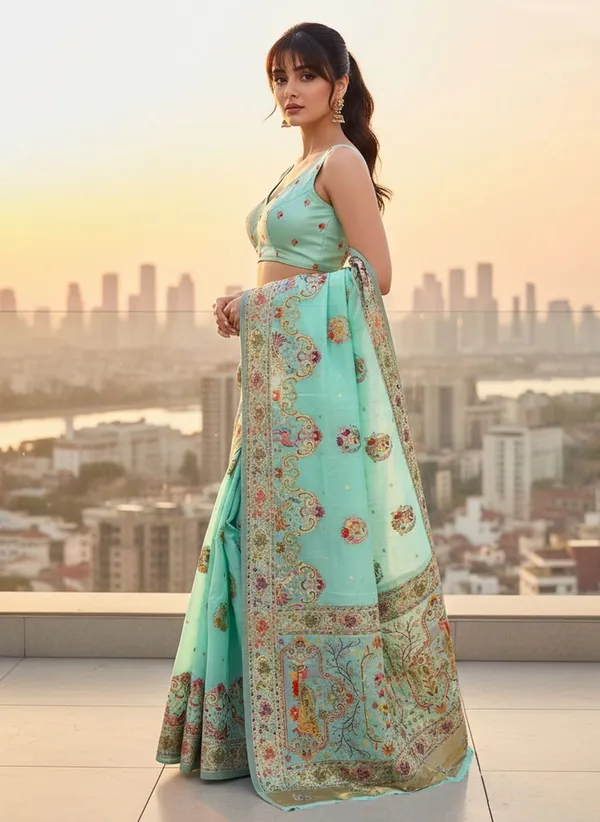 Light_Green_Semi_Pashmina_Jacquard_Woven_Banarasi_Saree_For_Women_|_With_Blouse_Piece