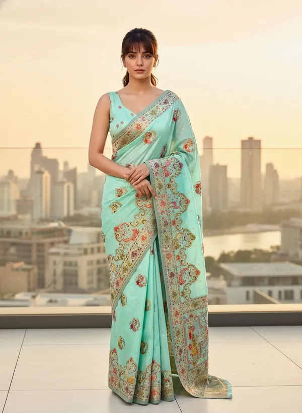 Light_Green_Semi_Pashmina_Jacquard_Woven_Banarasi_Saree_For_Women_|_With_Blouse_Piece